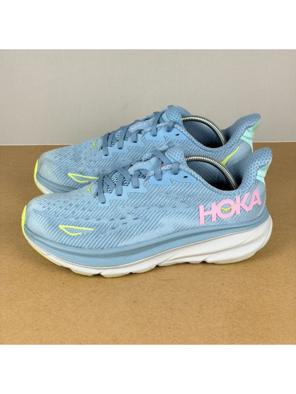 Hoka Clifton 9 Athletic Running Shoes Womens 8.5 Wude Blue Green MISSING TREAD
